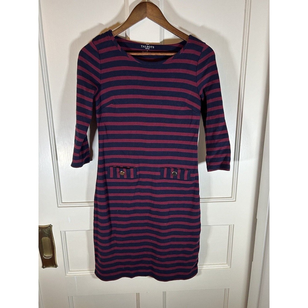 Talbots Women’s Navy Red Stripe Cotton Shift Dress 3/4 Sleeves Small Petite